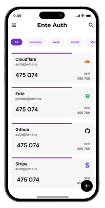 Ente Auth app showing account codes, tags and next-code previews