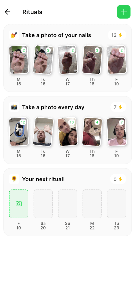 Rituals overview showing recent days and streaks